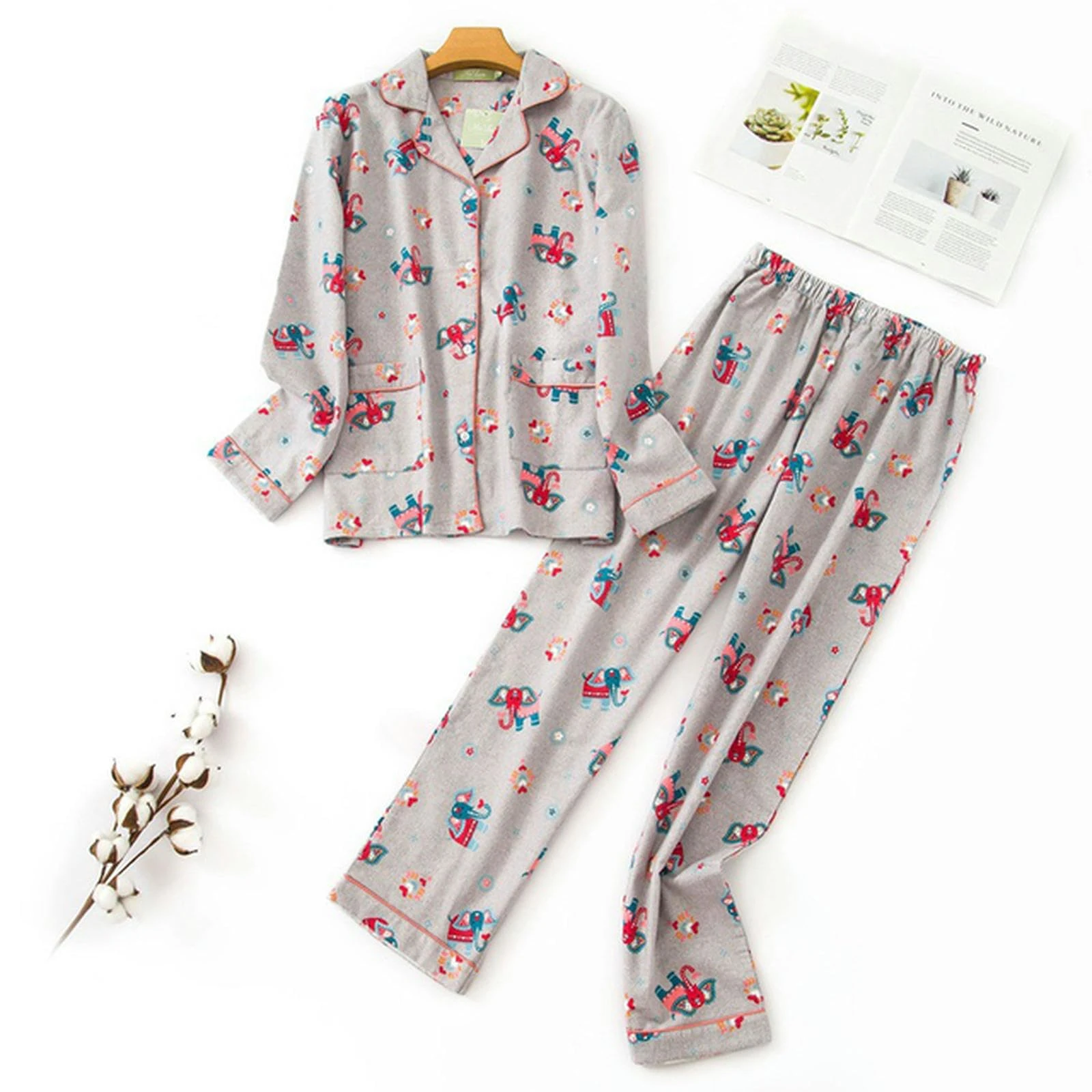 NOGRAX Pajamas Sleepwear Women'S Pajamas Set Ladies Warm Home Wear Suit Autumn Winter Plaid Print Pajamas-L Gray Red-20-24(3Xl)