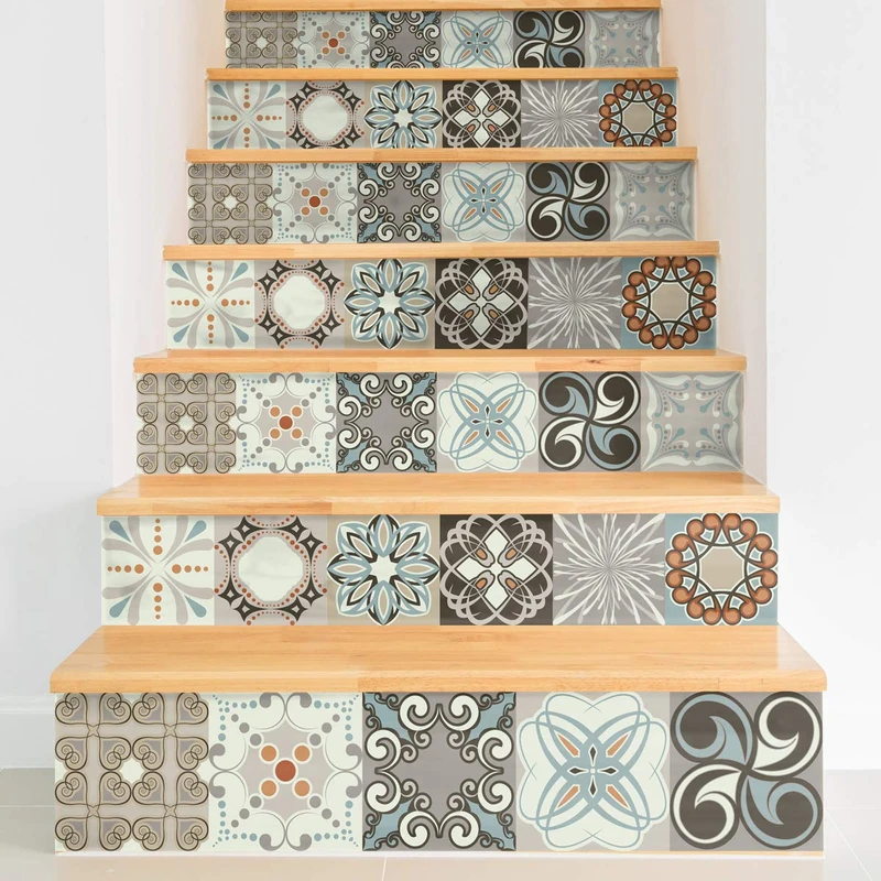 Ambiance Sticker Esteban Adhesive Stair Tiles Riser Sticker for Stairs Cement Tiles – 2 Strips of 17.5 x 122.5 cm