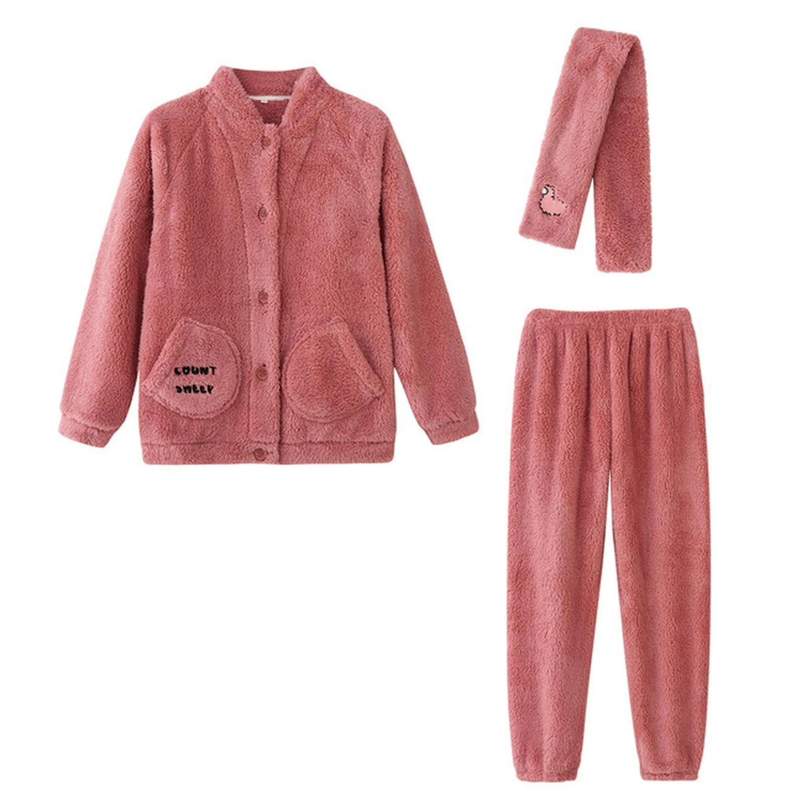 NOGRAX Pajamas Winter Pajama Set Long Sleeve Women Sleepwear 2 Pcs With Pant Pockets Single Breasted Pijama-Rose Red-M