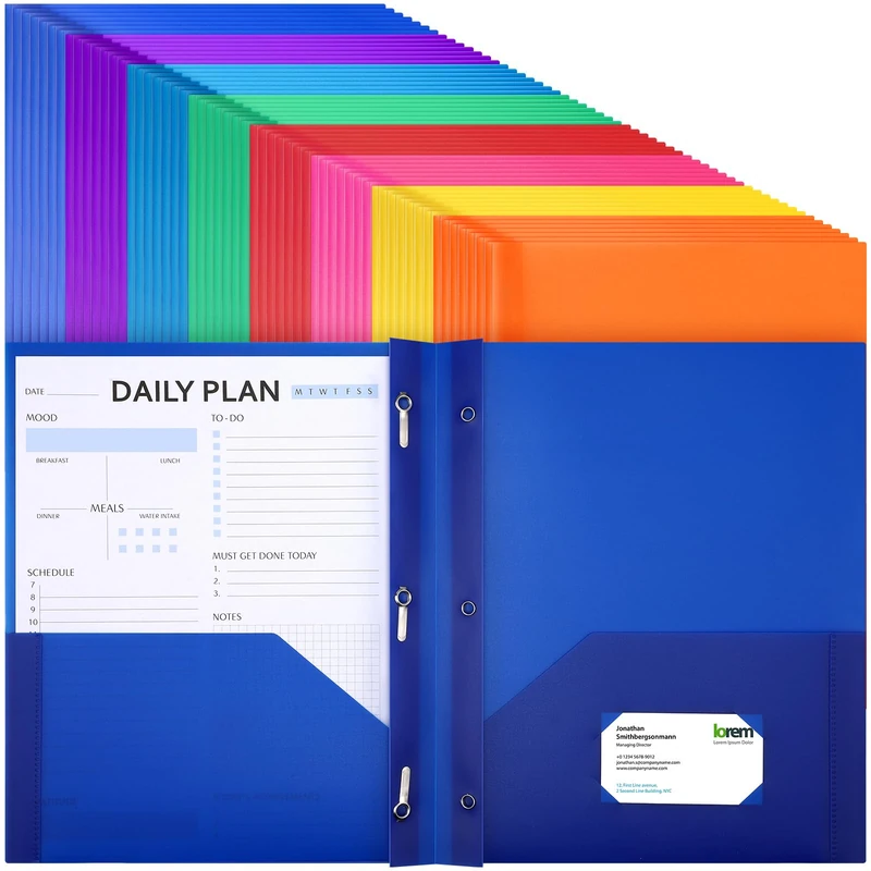 Cholemy 72 Packs Pocket Folders with Prongs Heavy Duty Plastic Folder with Business Card Slot with 3 Prong Fasteners for School Office (Cute)