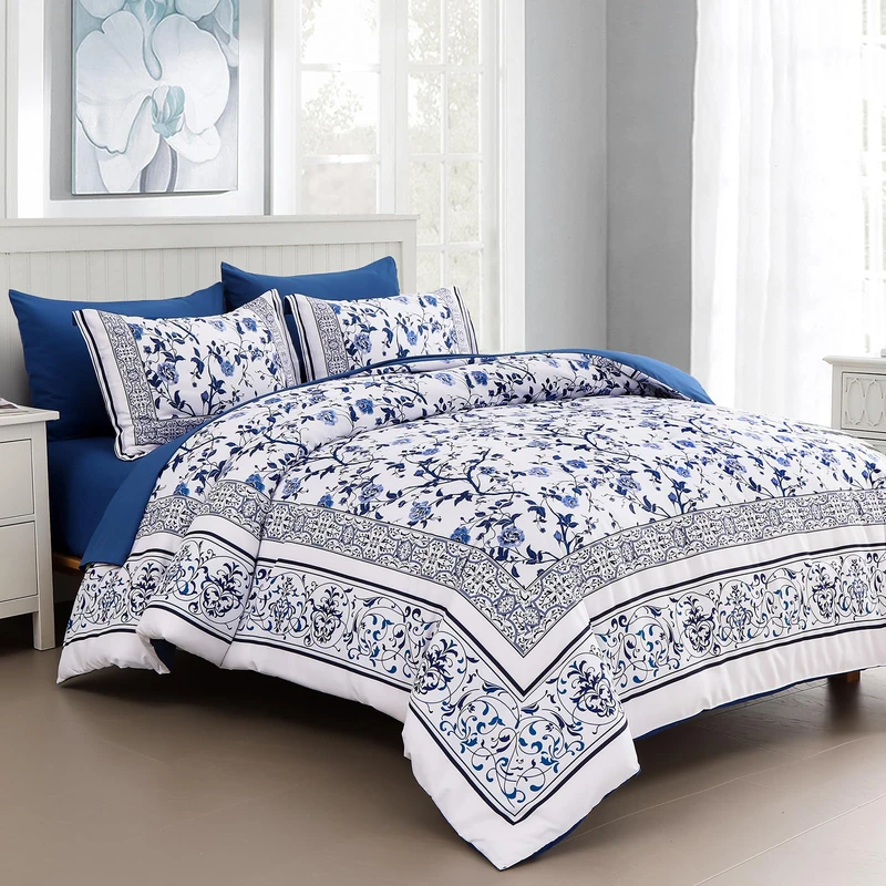 Dobuyly Floral Queen Comforter Set, 7 Piece Bed in a Bag Queen Size Blue Flowers on White Botanical Bedding Set, Soft Microfiber Bedding Comforter Sets with Sheets for All Season