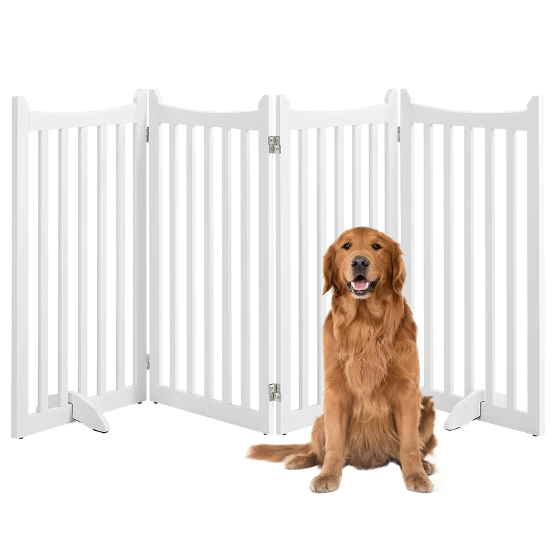 Yaheetech Freestanding Pet Gate Indoor 4-Panel Wooden Dog Gate for Small and Medium Dogs, Foldable Pet Fence with 2 Support Feet,Dog Door for Doorways/Stairs/Halls/Kitchen (91cmH,White)