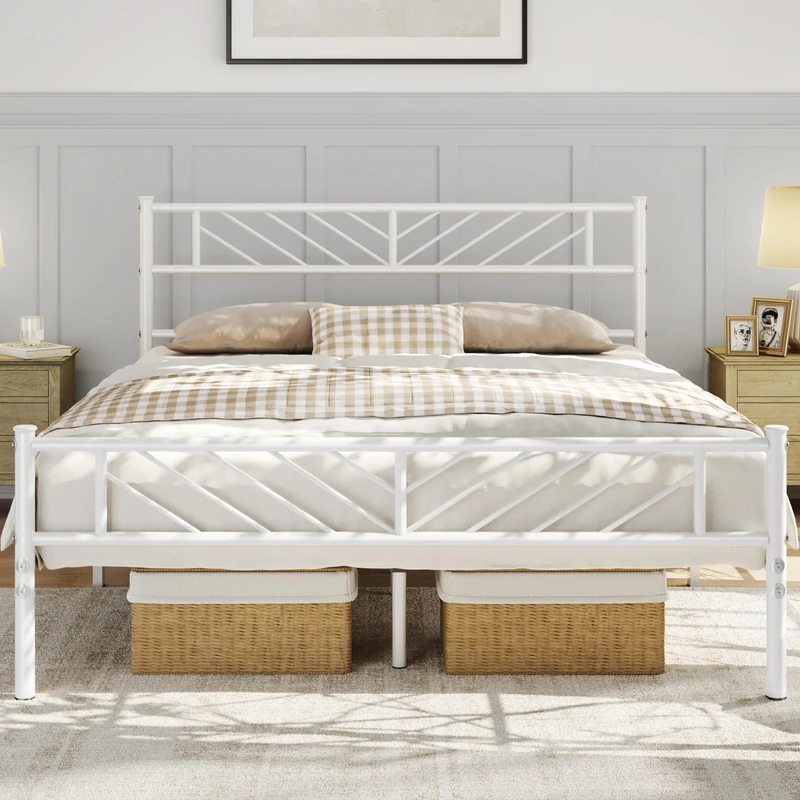 Yaheetech Bed Frame 140 x 200 cm Metal Bed for Adults Large Space Slatted Modern White - Image 1