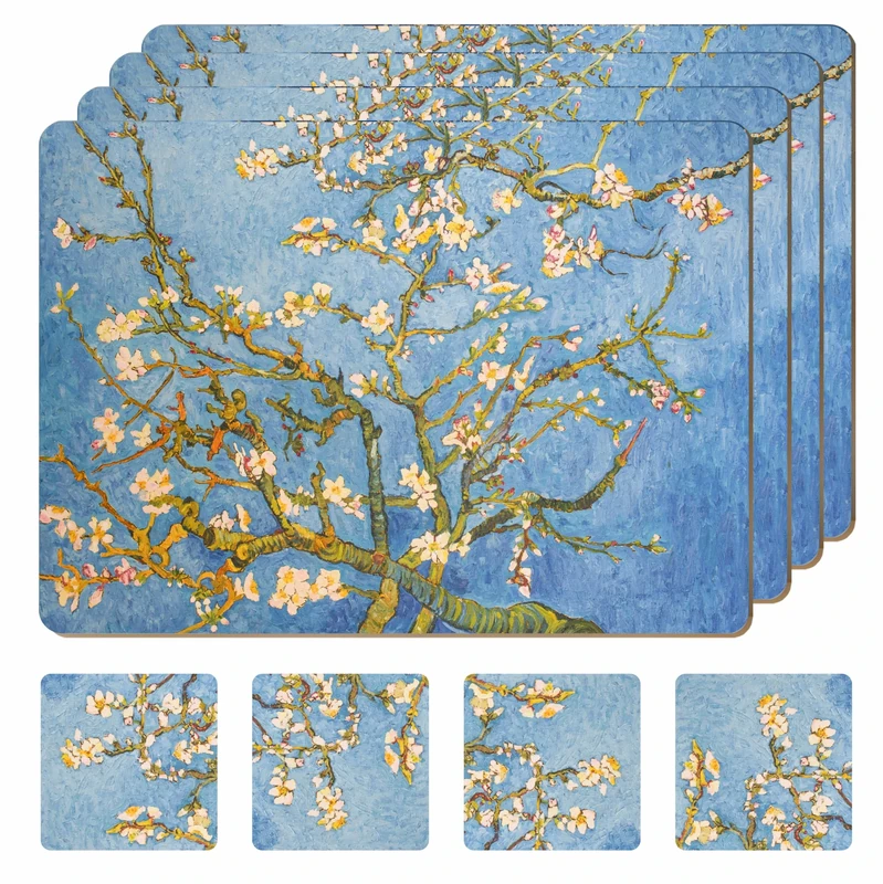 Moderry Set of 4 Heat Resistant Cork Placemats for Dining Table with 4 Matching Drink Coasters, Blue, Botanical Design, 16" x 12", Cork Backing, Hard Placemats (Almond Blossoms)