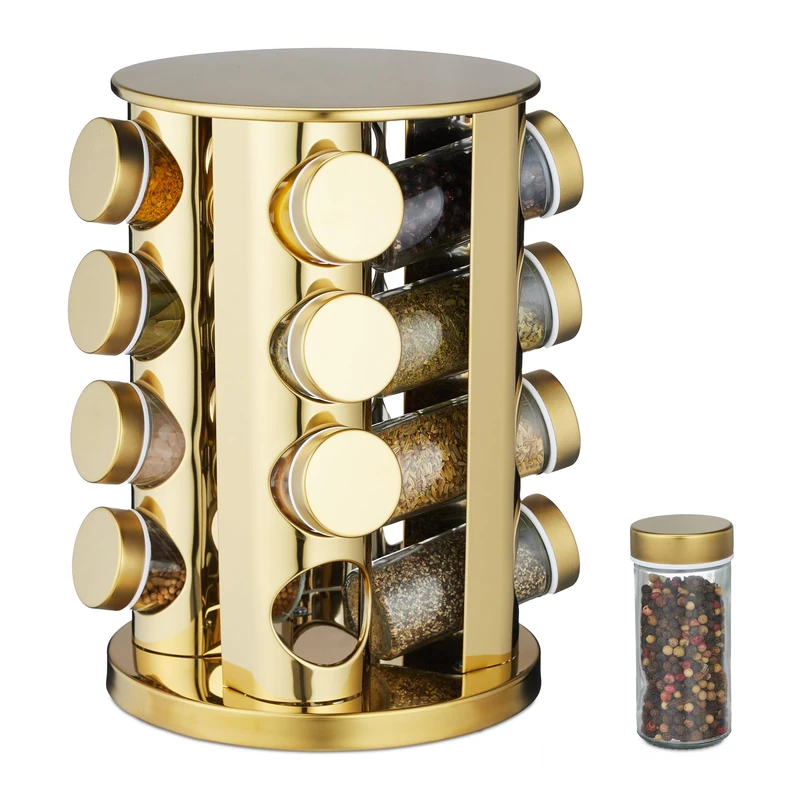 Relaxdays Spice Carousel, 16 Herb Jars, 360° Rotatable, Stainless Steel, Glass, HxØ: 27.5 x 20 cm, Round Rack, Matt Gold, 27.5 x 20 x 20 cm