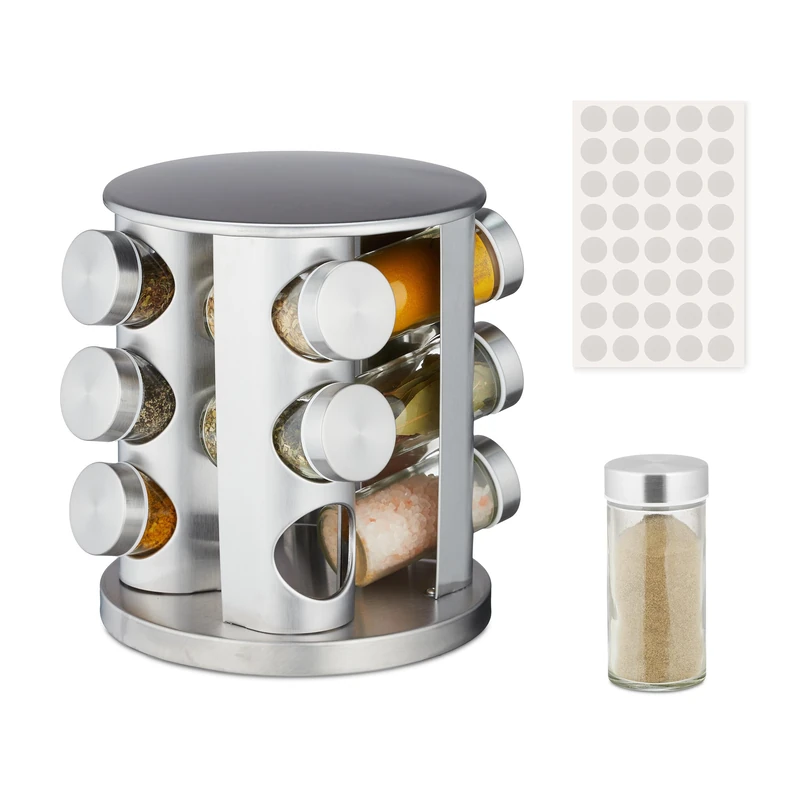 Relaxdays Spice Carousel, 12 Jars, 40 Labels, 360° Rotatable, Stainless Steel, Glass, HxØ: 22x22cm, Counter Rack, Silver, 22 x 22 x 22 cm