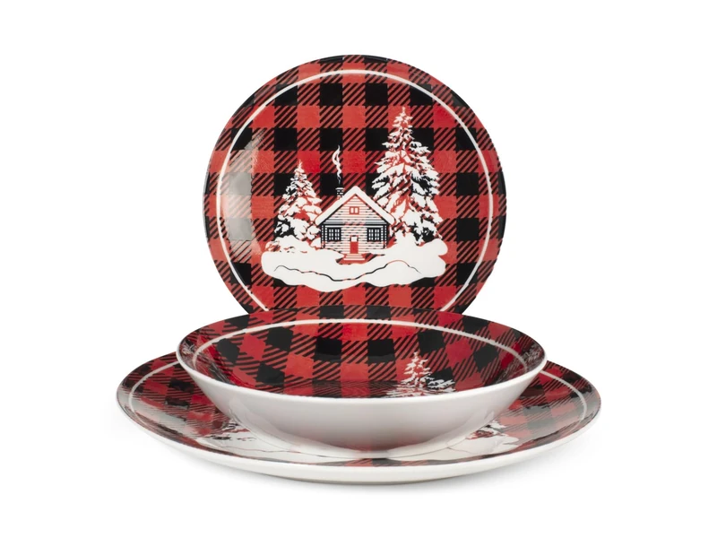 HOME Royal Norfolk Cottage Dinner Set, 18 Plates, Porcelain, Red, Christmas