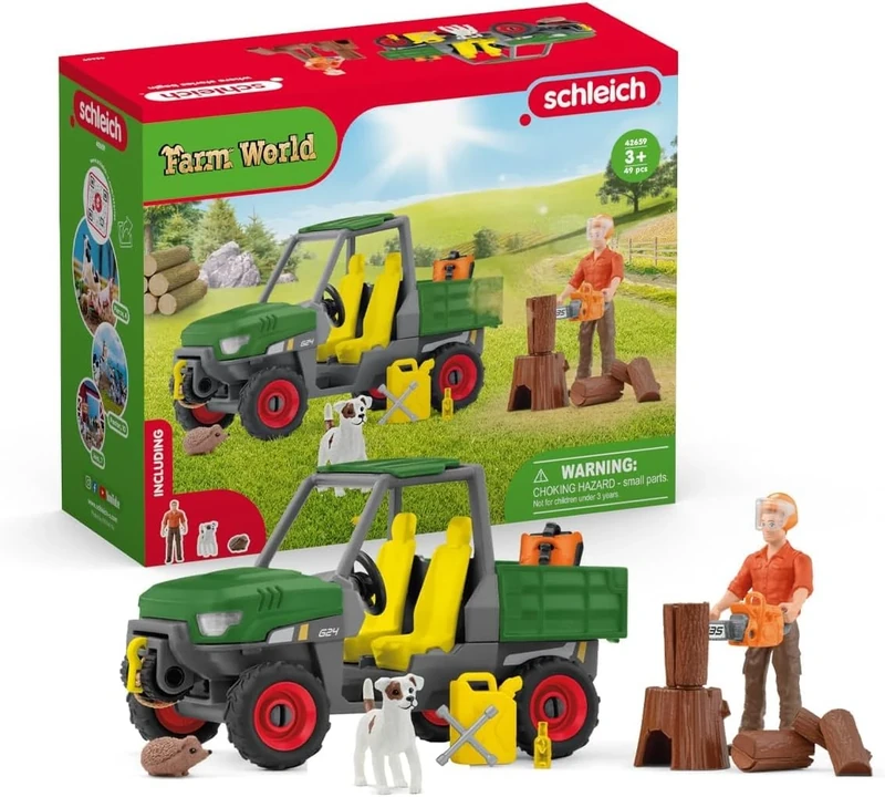 SCHLEICH Farm World - Working in The Forest Playset with Action Figure, Dog Figurine, Tractor Toy and Accessories - Imaginative Play Set for Kids Ages 3+