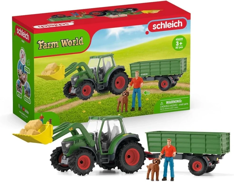 SCHLEICH Farm World - 7 PC Green Tractor with Trailer Toy Playset with Farmer and Dog Figurine for Boys and Girls - Ranch Farming Figures - Farm Equipment Toys for Kids and Toddlers Ages 3+