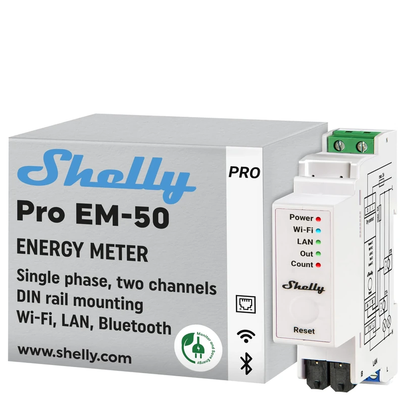 Shelly Pro EM 50A | LAN & Wi-Fi 2- Channel Energy Meter with Contactor Control | DIN-Rail | Home Automation | Compatible with Alexa & Google Home | iOS Android App | No Hub Required | Power Monitoring