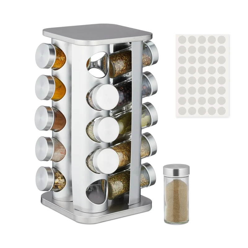 Relaxdays Spice Carousel, 20 Herb Jars, 40 Labels, 360° Rotatable, Stainless Steel, Glass, HxWxD: 33.5x20x20 cm, Silver, 33.5 x 20 x 20 cm