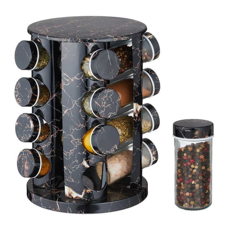 Relaxdays Spice Carousel with 16 Spice Jars with Shaker Insert Rotating Refillable Spice Bar Marble Effect Black