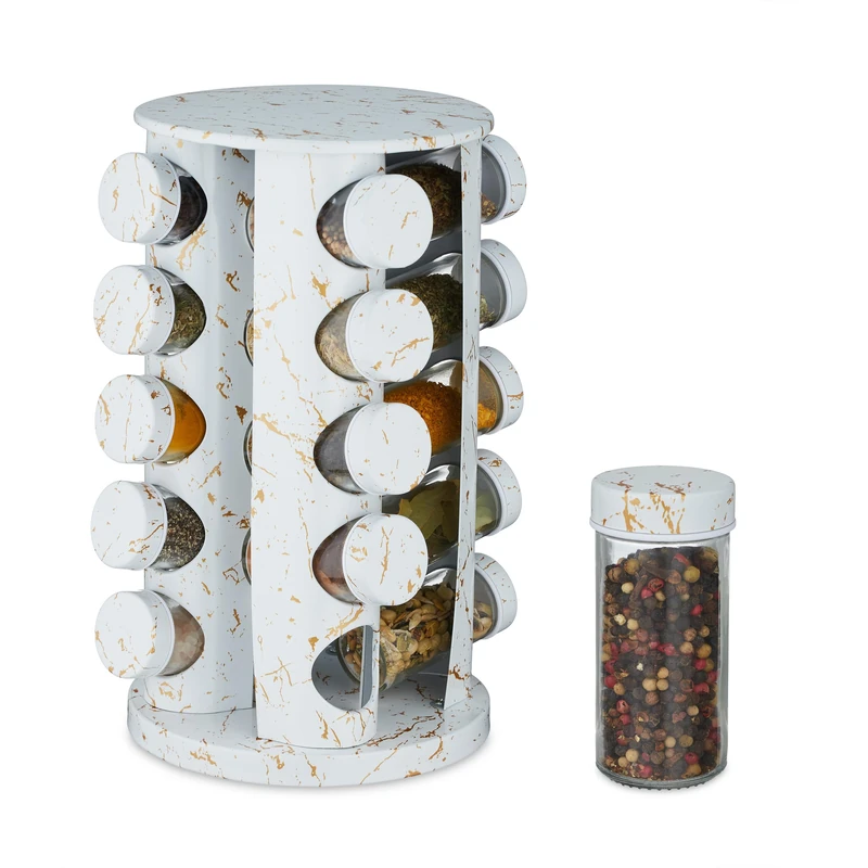 Relaxdays Spice Rack, Rotating, Carousel, with 20 Glass Jars, HxD 33.5 x 19cm, Stainless Steel, Marble Design, White, 33.5 x 19 x 19 cm