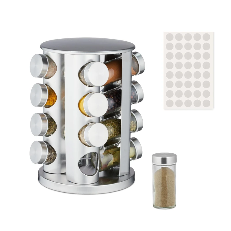 Relaxdays Spice Carousel, 16 Jars, 40 Labels, 360° Rotatable, Stainless Steel, Glass, HxØ: 29x22cm, Counter Rack, Silver, 29 x 22 x 22 cm