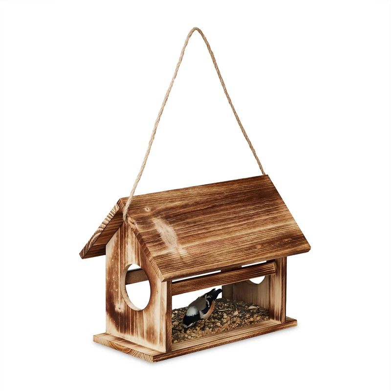 Relaxdays Bird Feeder, Flamed Fir Wood, to Hang or Place Outside, Wildlife Feeding Station, HWD: 24 x 30 x 21 cm, Brown - Image 1