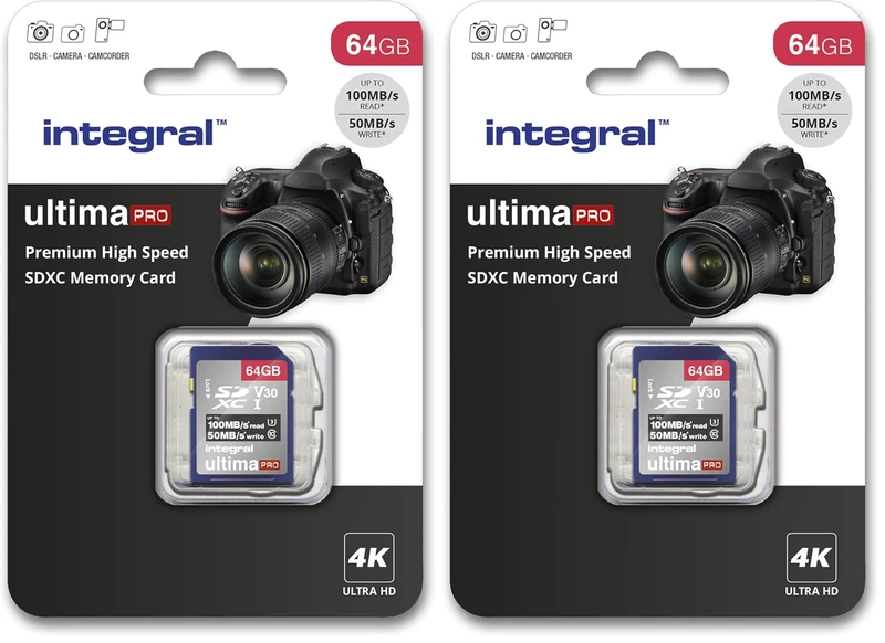 Integral 64GB SD Card 4K Ultra-HD Video High Speed SDXC V30 UHS-I U3 Class 10 Memory Card up to 100MB/s, Color May Vary (Pack of 2)
