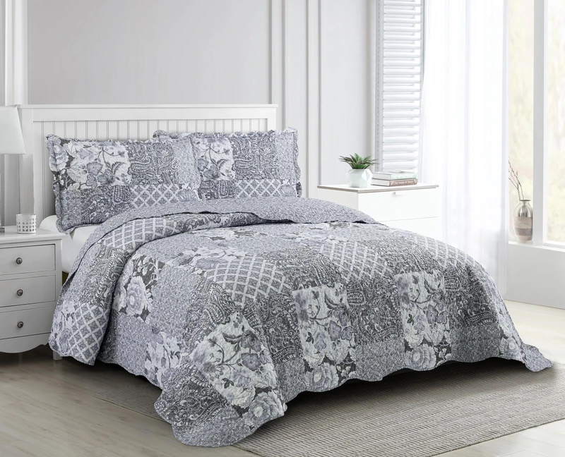 Brilliant Sunshine Grey Flowers Patchwork, 3-Piece Quilt Set with 2 Shams, Reversible Bedspread, Soft Lightweight Coverlet, All-Season, King, Grey