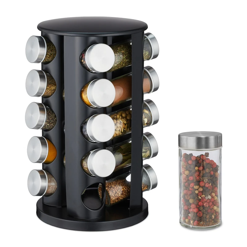 Relaxdays Spice Carousel, 20 Jars, 80ml Each, 360° Rotating, Stainless Steel, Glass, HxØ: 34.5x22cm, Counter Rack, Black, 34.5 x 22 x 22 cm