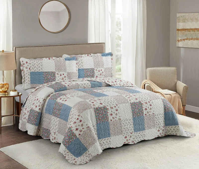 Brilliant Sunshine Pink Roses with Small Blue Checks Quilt, King Size