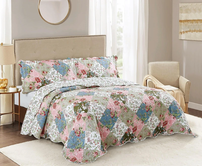 Brilliant Sunshine Peach and Olive Flower Patchwork 3 Piece Quilt Set with 2 Shams Reversible Coverlet Soft Lightweight Coverlet for All Season, Full/King, Color