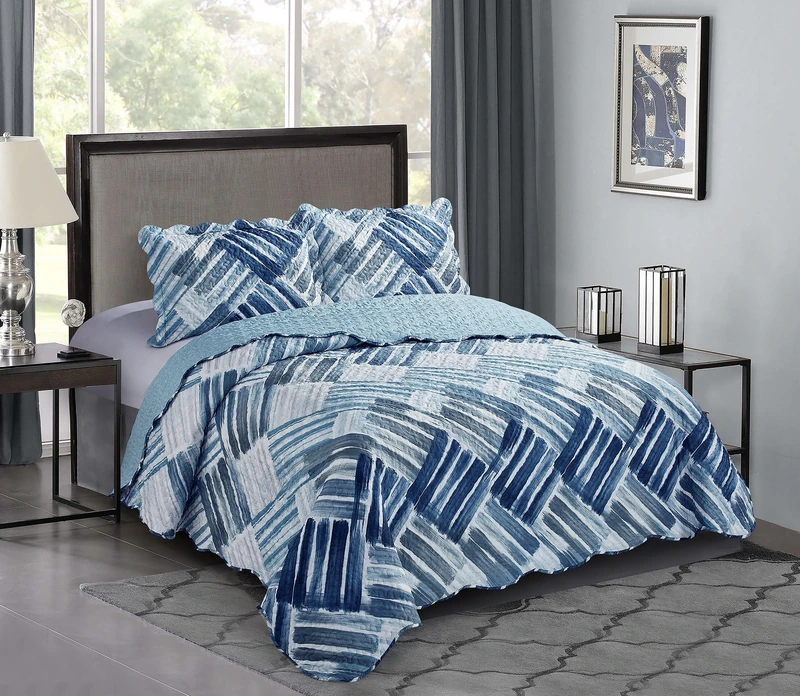 Brilliant Sunshine Blue & Grey Stripe Blocks Patchwork Quilt, Queen Size