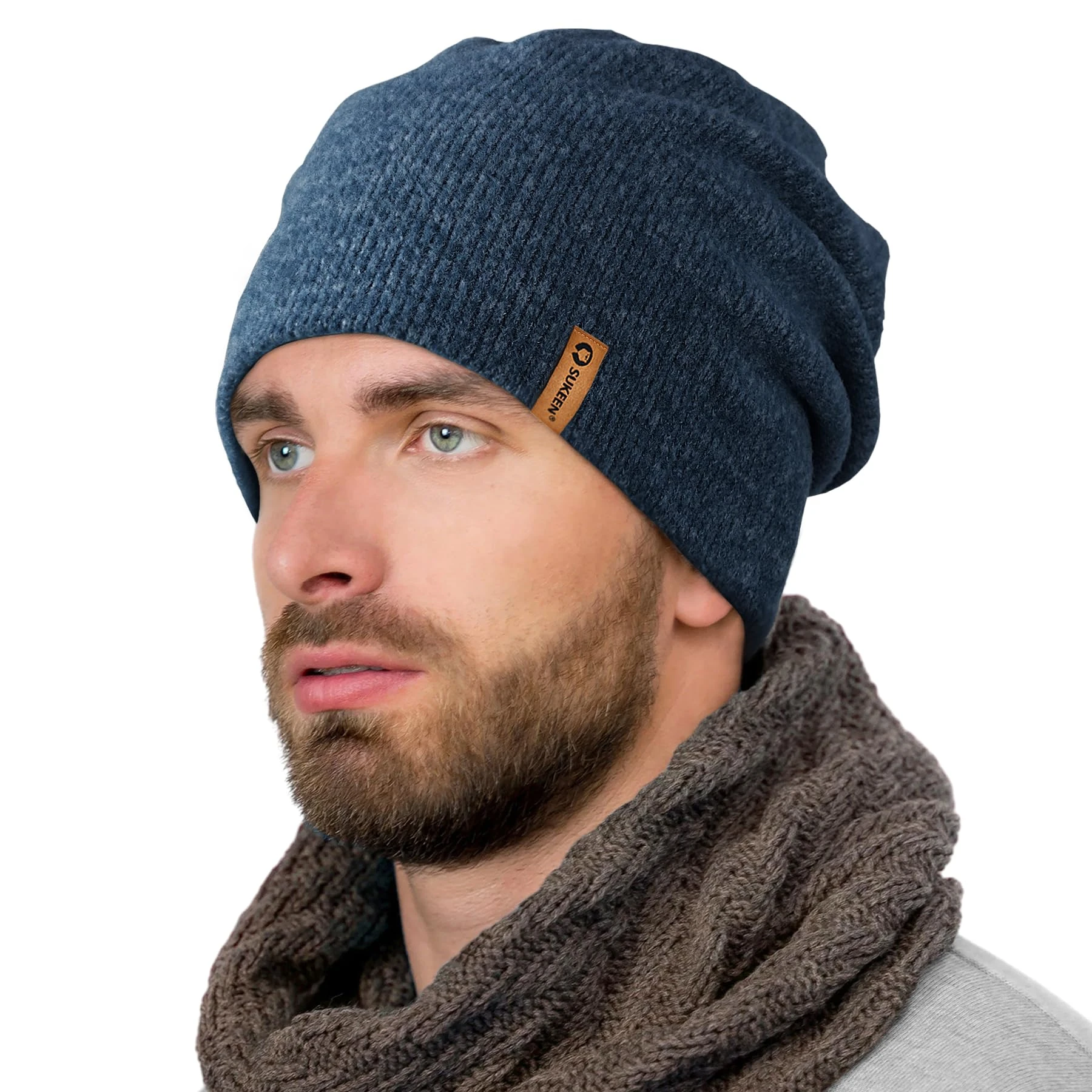 Beanie Hat for Men - Mens Winter Hats with Thermal Fleece Lining Knitted Cuffed Skullies & Beanies Hats Warm Soft Stretchable Slouchy Skull Caps NavyBlue