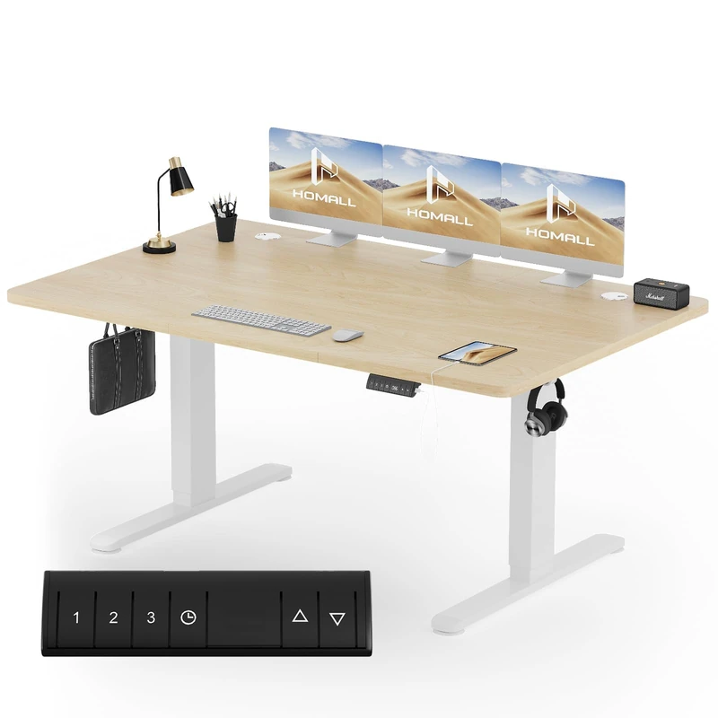 Homall Standing Desk Electric 160x80cm with USB Charging Hook, Height Adjustable Desk 3 Memory Smart Pannel, Sit Stand for Home Office Desks with Splice Board,Beige