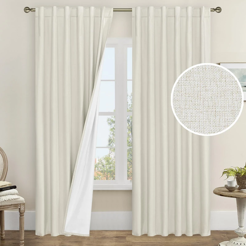 LAMIT 100% Blackout Curtains for Bedroom, 90 Inch Linen Textured Thermal Insulated Living Room Curtains Back Tab and Rod Pocket Farmhouse Neutral Panels with White Liner, 2 Panels, 52 x 90 Inch, Ivory