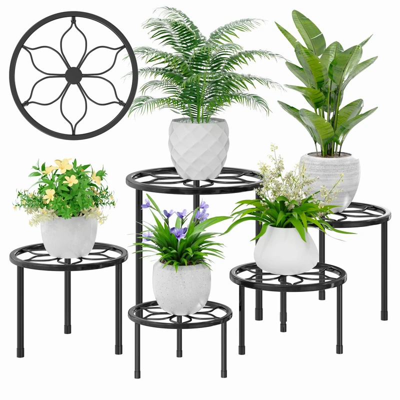 VECELO 5-Pack Metal Plant Stands for Indoor Plants, Multiple Heavy Duty Flower Pot Stand / Round Plant Holder for Outdoor Planter, Living Room, Balcony Decor, Black
