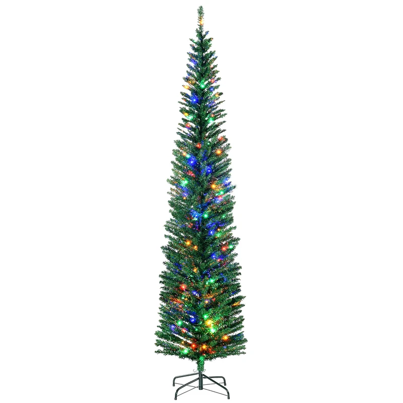 HOMCOM 7.5ft Pre Lit Artificial Christmas Tree Holiday Décor with 200 Colourful LED Lights and 529 Tips, Pencil Shape, Steel Base