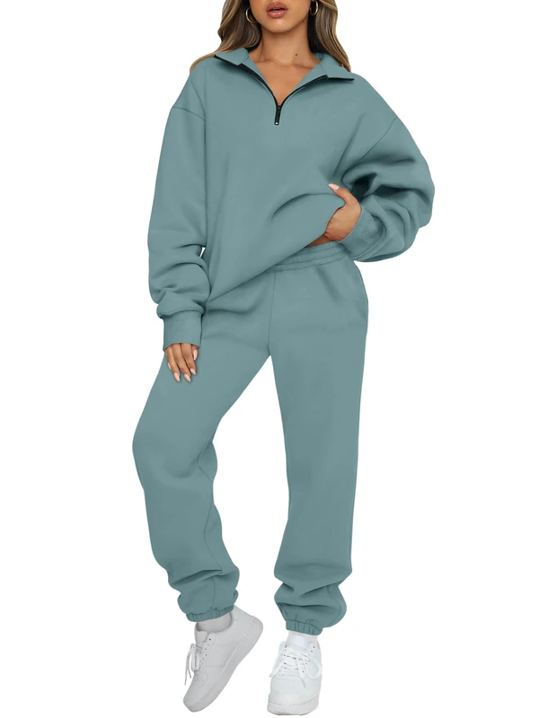 AUTOMET Womens 2 Piece Outfits Long Sleeve Sweatsuits Sets Half Zip Sweatshirts with Joggers Sweatpants, Bluegreen, Small