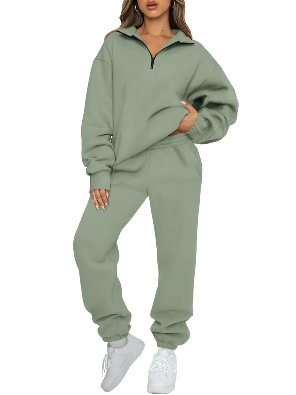AUTOMET Women's Sweatsuits 2 Piece Outfits Long Sleeve Half Zip Pullover and Baggy Sweatpants with Pockets, Green, Small