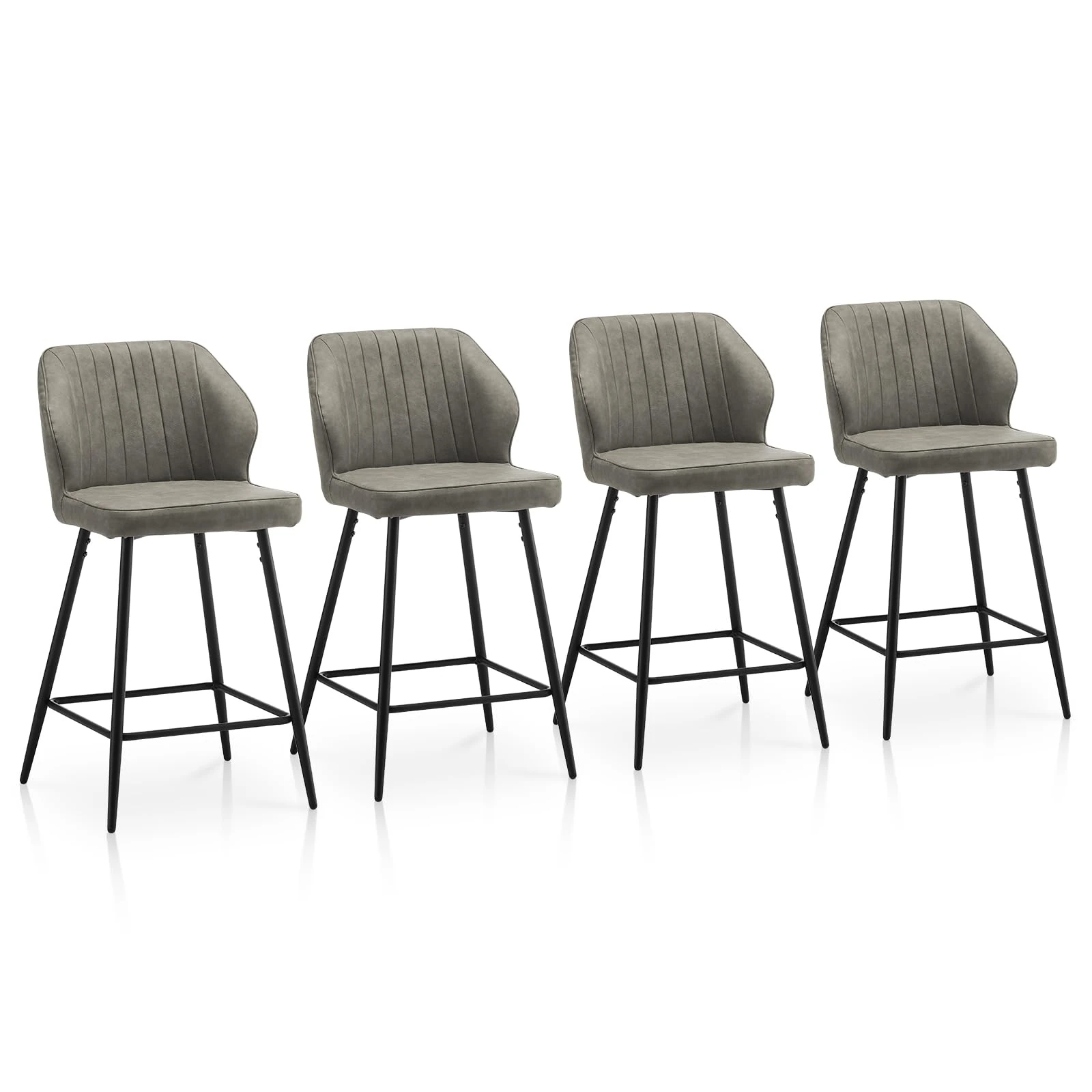 TUKAILAi Bar Stools Set of 4 Grey Faux Leather Exterior Upholstered Breakfast Bar Chairs with Footrest and Metal Legs,High Back Barstool Counter Chair for Home Kitchen Island Pub