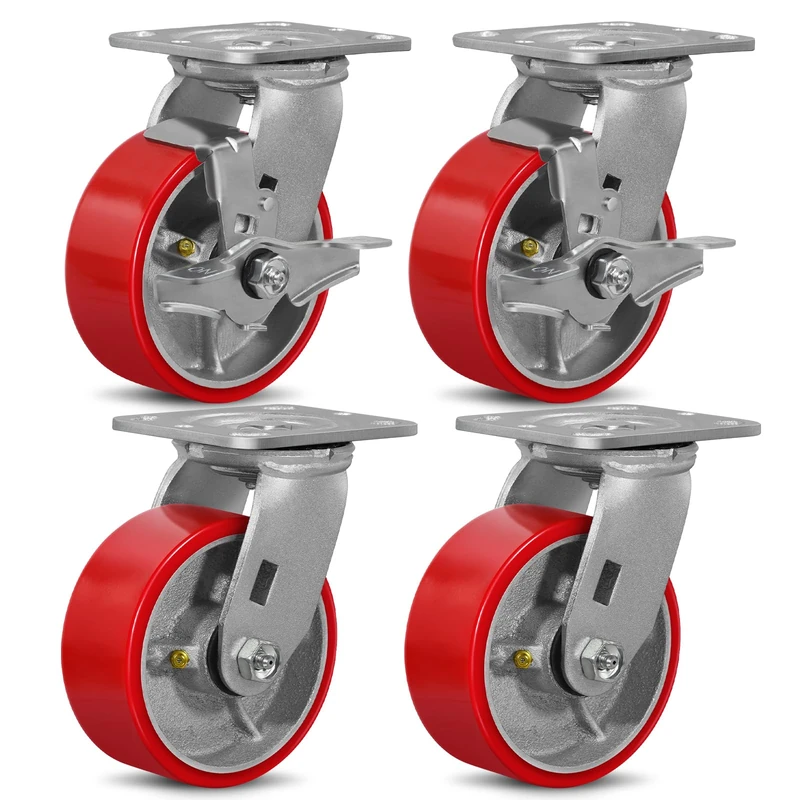 LONGRUNFORU 5" X 2" Industrial Plate Swivel & Brake Caster Wheels Set of 4 Heavy Duty,Load Capacity 4000lbs, No Noise Polyurethane Wheel on Steel Hub for Toolbox Workbench