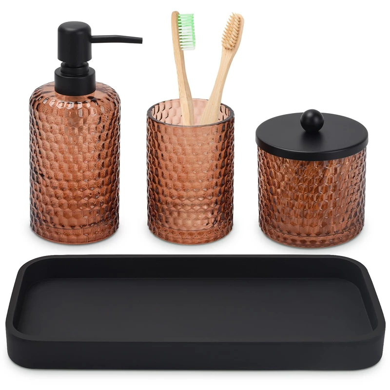 Bathroom Accessories Set,4 Pcs Amber Glass Bathroom Accessories Sets-Lotion Soap Dispenser,Toothbrush Holder,Qtip Holder Dispenser & Resin Vanity Tray,Countertop Vanity Organizer,Amber - Image 1