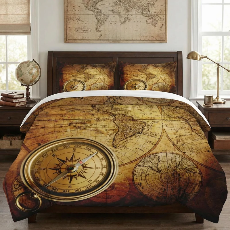 WeCozy Queen Size Comforter Set with 2 Pillowcases, Vintage Retro World Map Soft 3 Pcs Bedding for Kids and Adults Bedroom Bed Decor
