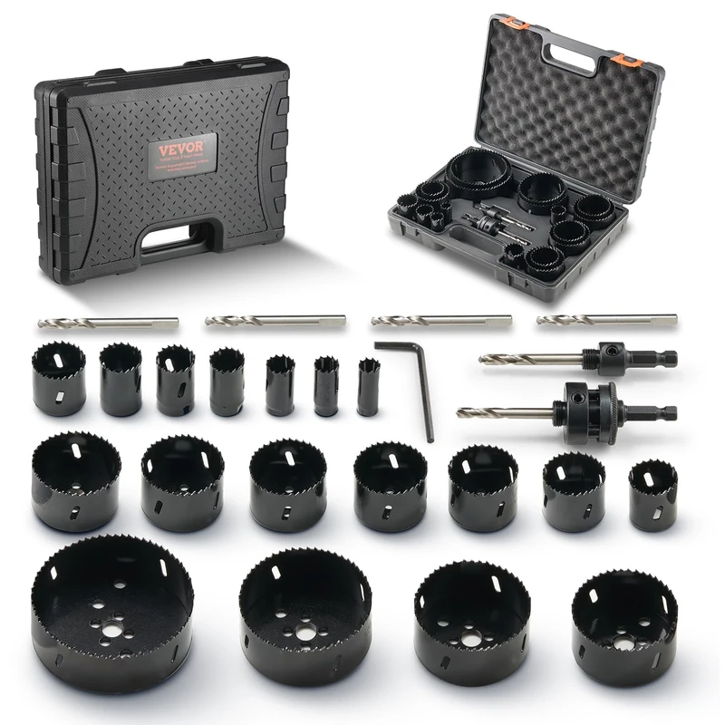 VEVOR Hole Saw Kit, 18 PCS Saw Blades, 6 Drill Bits, 1 Hex Wrench, Bi Metal M42 Hole Saw Set with Carrying Case, General Purpose Size from 3/4" to 4-1/2", Ideal for Wood Board, Iron and Plastic Plate