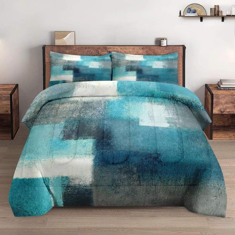 WeCozy Full Size Comforter Set with 2 Pillowcases, Painting Contemporary Teal Turquoise Grey Soft 3 Pcs Bedding for Kids and Adults Bedroom Bed Decor