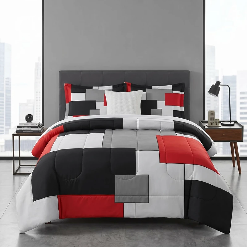 WeCozy Queen Size Comforter Set with 2 Pillowcases, Black White Red Geometric Soft 3 Pcs Bedding for Kids and Adults Bedroom Bed Decor