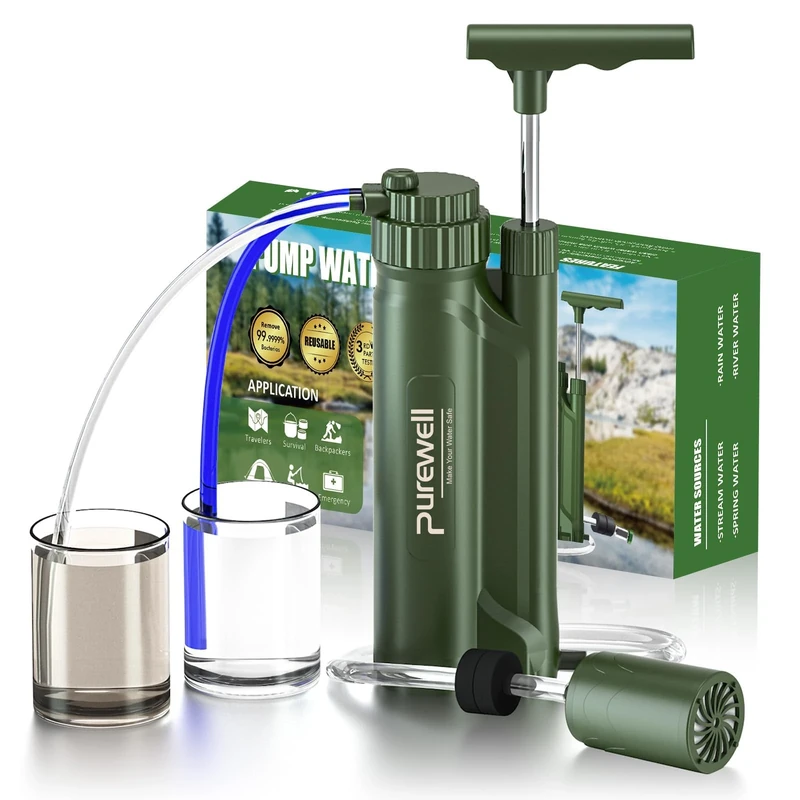 Purewell Portable Water Filter Pump, RO Membrane Survival Pump, 0.0001 Micron Water Filtration System, 3 Filter Stages, Water Purifier for Hiking, Camping, Emergency, and Outdoor Activities