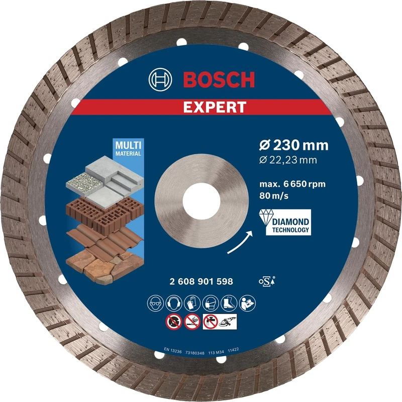 Bosch 1x EXPERT Multi Material turbo Diamond Cutting Disc (for Concrete, Brick, Ø 230 mm, Professional Accessory Large Angle Grinder)