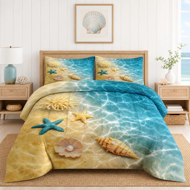 WeCozy Queen Comforter Set, 3 Pieces Beach Ocean Bedding Set