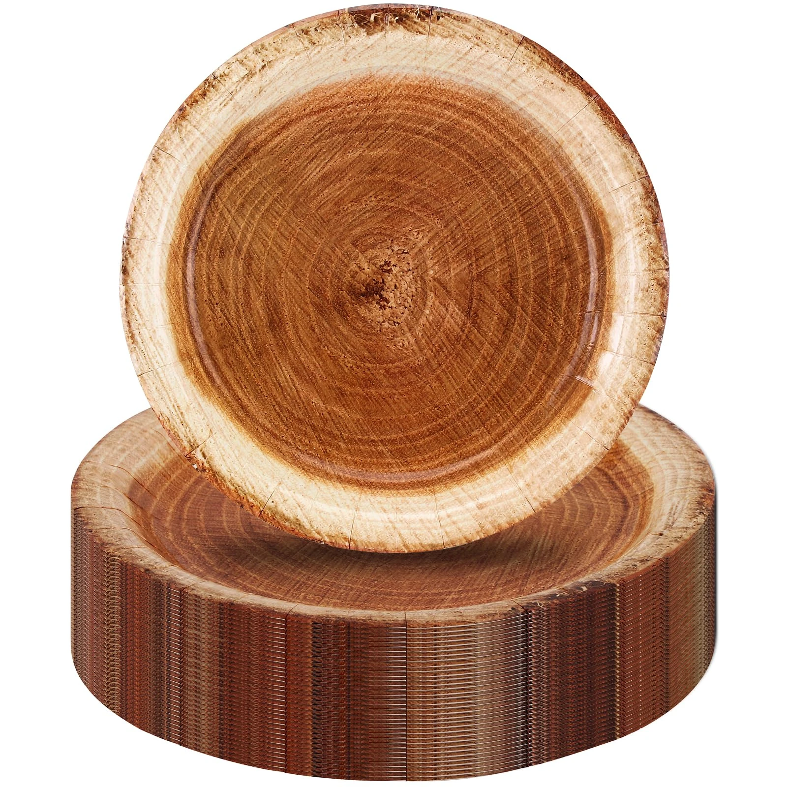 CEILIWEN Wood Grain Party Supplies - 50 Rustic Wood Slice Paper Plates, Farmhouse Round Dinner Plates