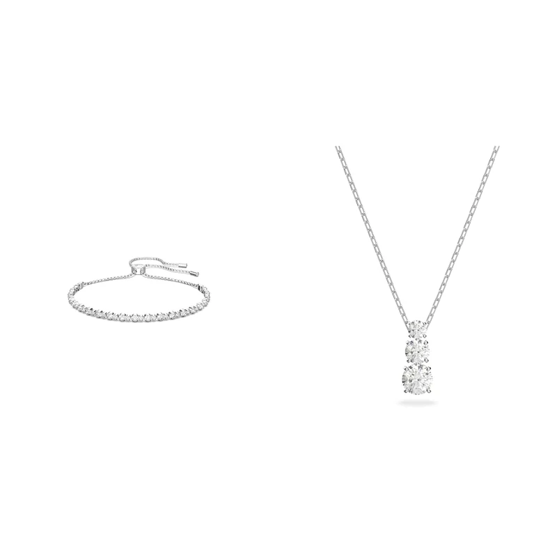 Swarovski Subtle Trilogy bracelet, White, Rhodium plated & Attract Trilogy pendant, Round, White, Rhodium plated