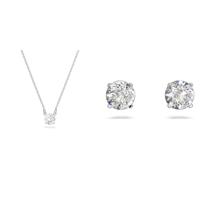 Swarovski Attract necklace, Round cut, White, Rhodium plated & Attract stud earrings, Round cut, Small, White, Rhodium plated