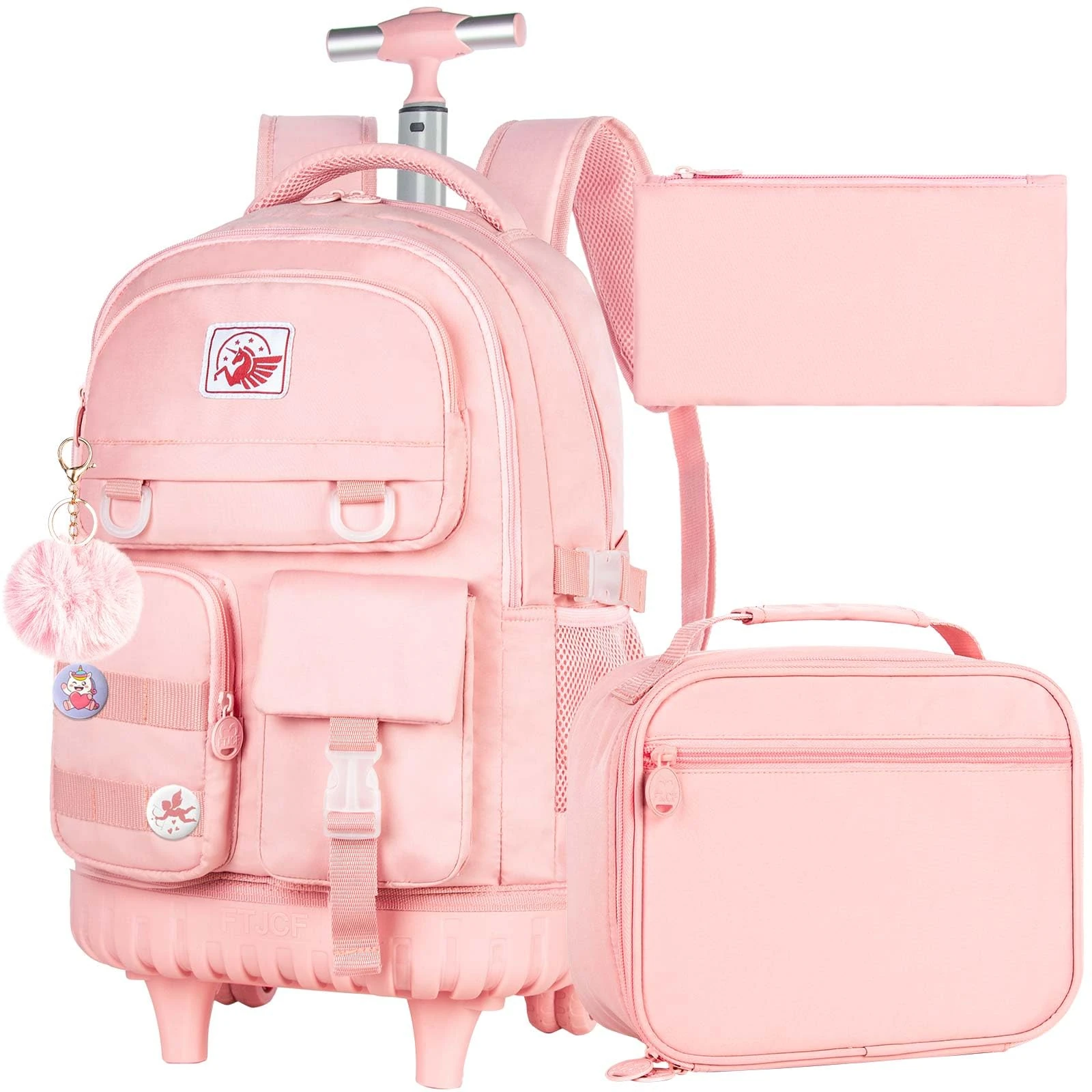 WZLVO 3PCS Rolling Backpack for Girls and Women，21 inch Roller Wheeled Backpacks with Lunch Bag for Teens Elementary School, Pink, Laptop Backpacks