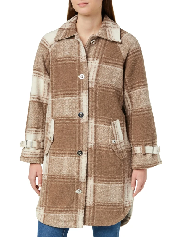 LEOMIA Women's Transitional Coat Made of Wool Blend, Checked Beige Brown, XS - Image 1