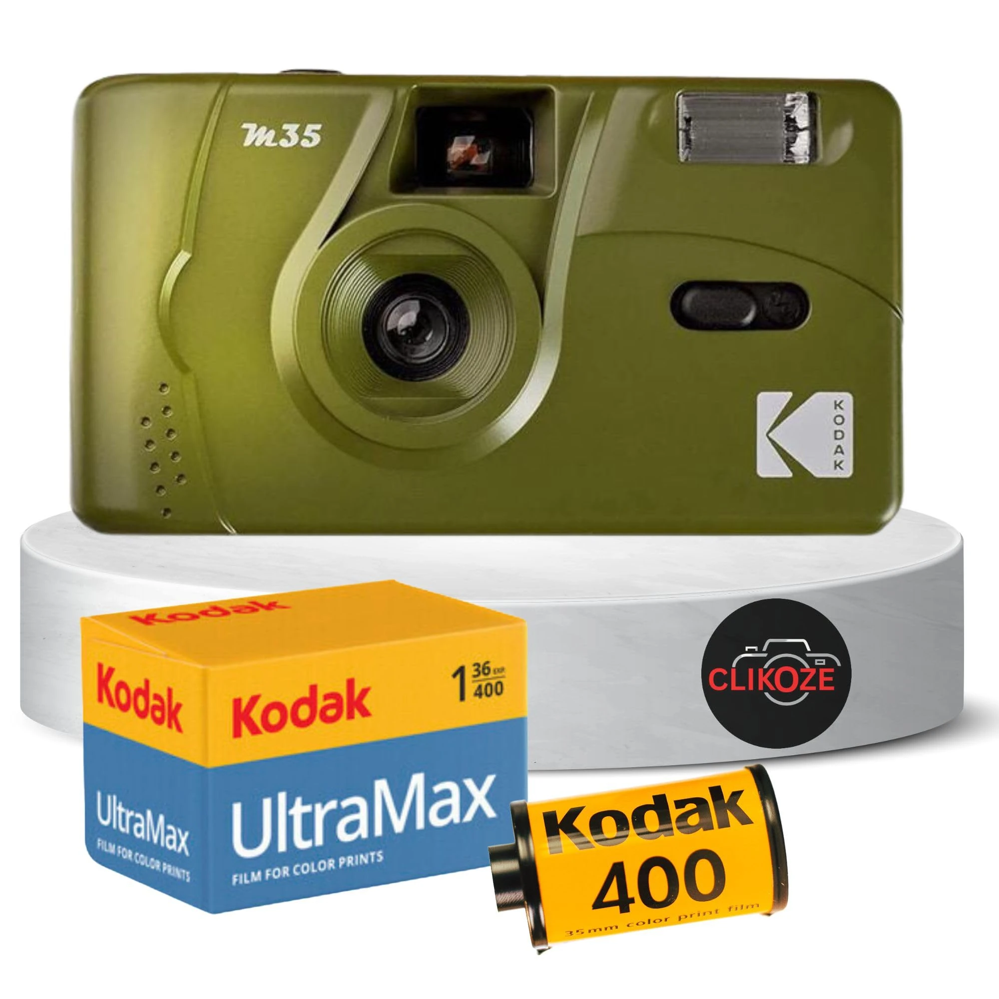 Reusable Film Camera Bundle includes Kodak M35 35mm Film Camera, Kodak 35mm film 36 exposures and Clikoze Tips Card (Olive)