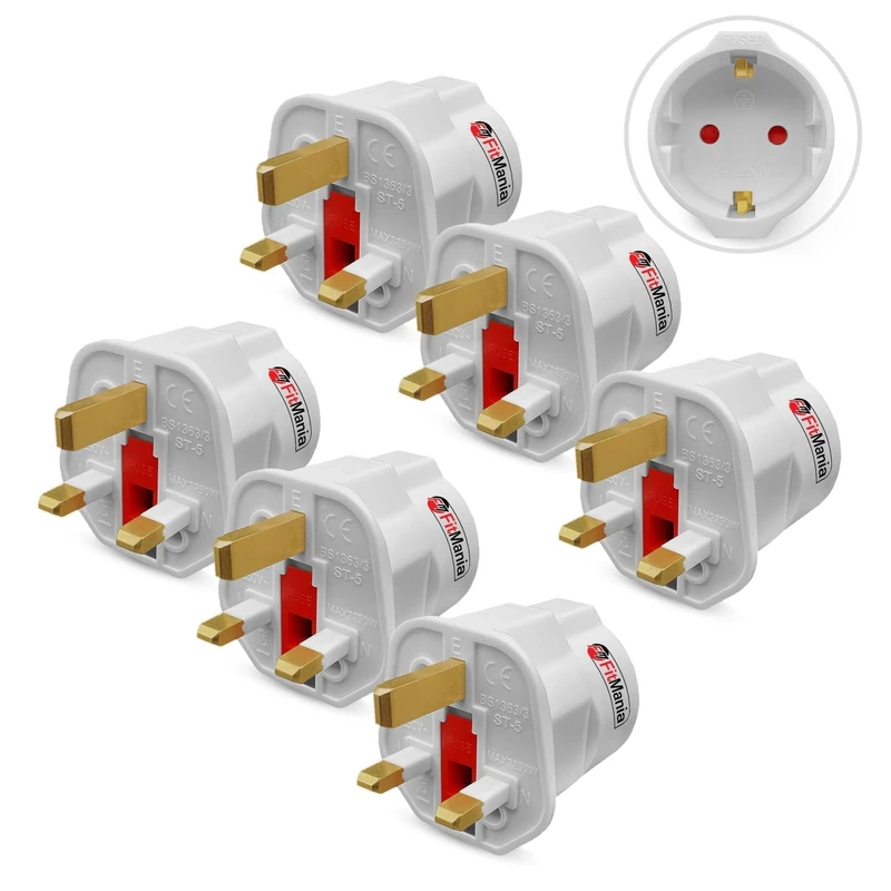 FitMania European to UK Plug Adaptor Pack of 6 - EU to UK Plug Adapter EU Travel Adapter - 2 Pin to 3 Pin Adapter Plug UK in Travel accessories for Electronic Devices - EU plug adapter europe to uk