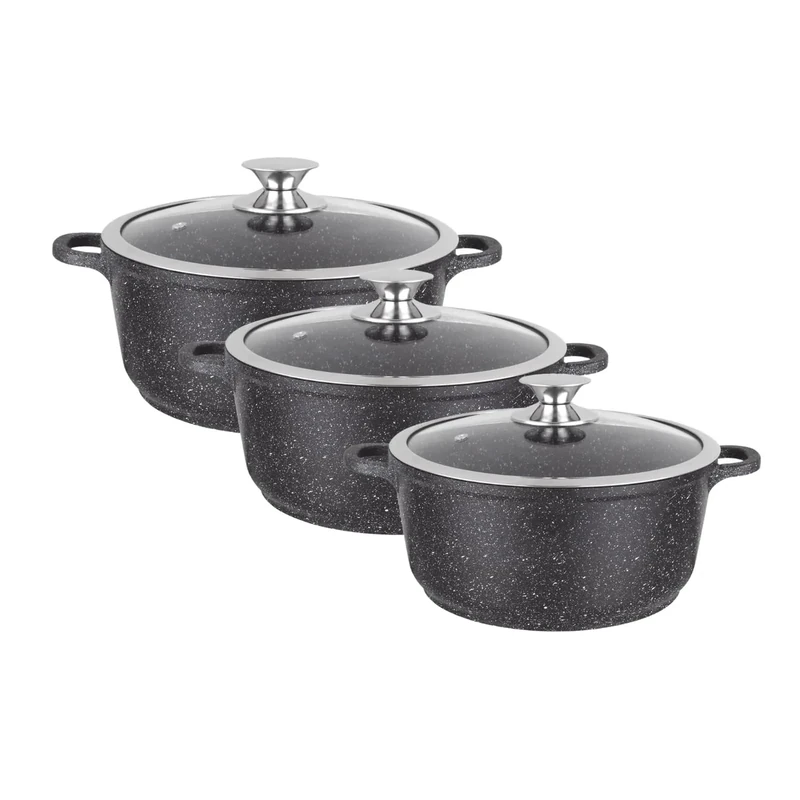 Kamberg - Set of 3 stewpots 20/24/28 cm - Cast Aluminium - Stone Type Coating - Glass lids - Suitable for All Heat Sources Including Induction - PFOA Free - 0008169, Black